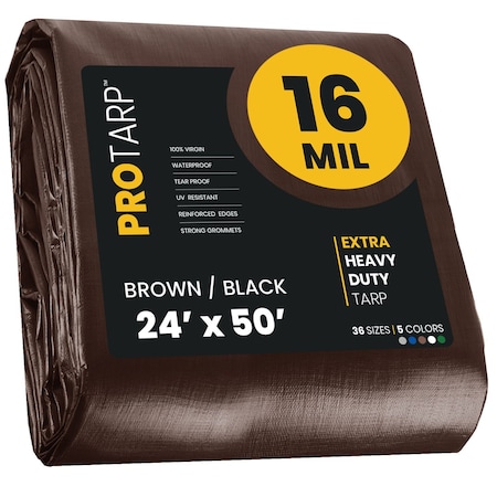 24 Ft X 50 Ft BrwnBlk Polyethylene Heavy Duty 16 Mil Tarp, Waterproof, UV Resistant, RipTear Proof